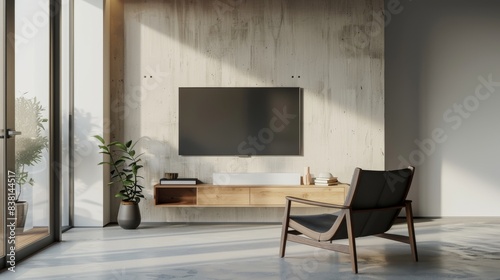 A wall-mounted cabinet TV with an armchair in a minimal style is mocked up