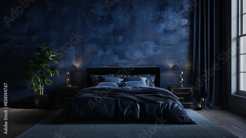 The interior of a bedroom features a dark bed and a mockup of a dark blue wall