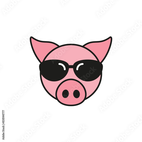 Pig with sunglasses. Colored vector icon. Front view. Isolated illustration on white background. Flat style and design.