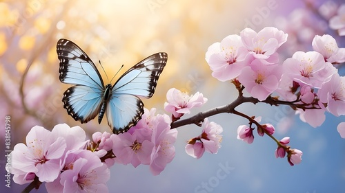 A stunning banner format image presenting the delicate beauty of nature, with a blue yellow butterfly soaring alongside a branch of flowering apricot tree at sunrise, against a backdrop of light blue 