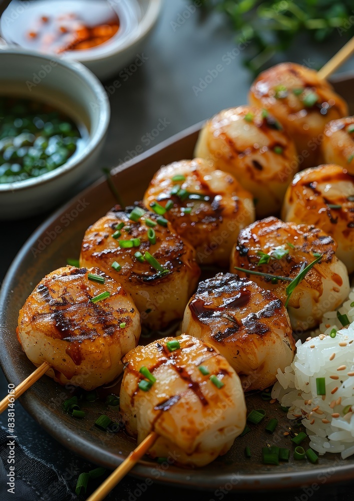 Mitarashi Dango - Skewered rice dumplings glazed with a sweet soy sauce. Mitarashi Dango - Skewered rice dumplings glazed with a sweet soy sauce.