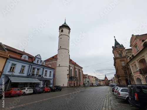 Domazlice historical city center and old town square with white tower,church and medieval gates,Chodsko region,Pilsen,Czech republic,panorama cityscape view photo