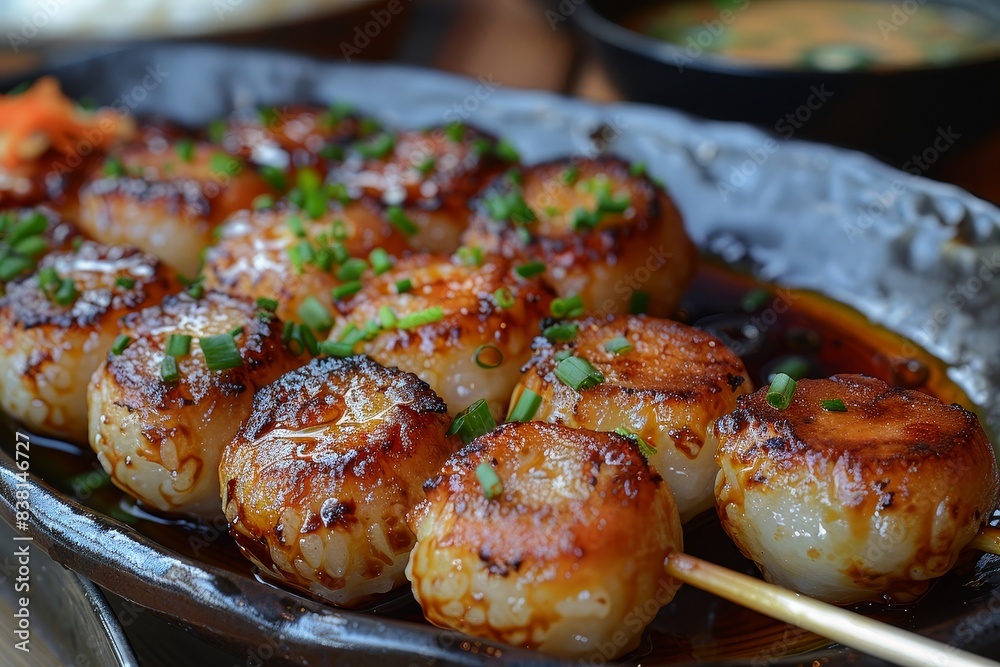 Mitarashi Dango - Skewered rice dumplings glazed with a sweet soy sauce. 