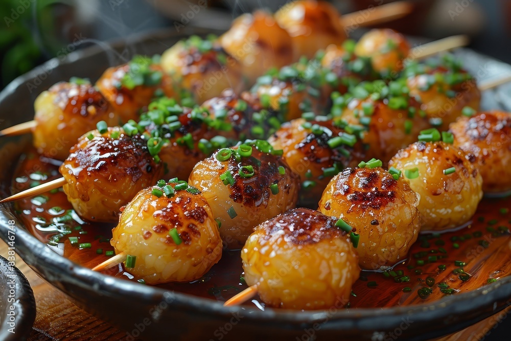 Mitarashi Dango - Skewered rice dumplings glazed with a sweet soy sauce. Mitarashi Dango - Skewered rice dumplings glazed with a sweet soy sauce.