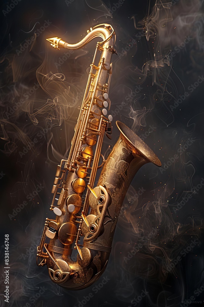 Obraz premium A golden saxophone with intricate details stands out against a dark, smoky background.