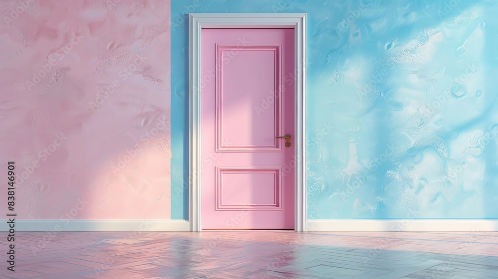 The creative pastel door is framed by a blue and pink wall in 3D. The creative pastel door is framed by a blue and pink wall in 3D.
