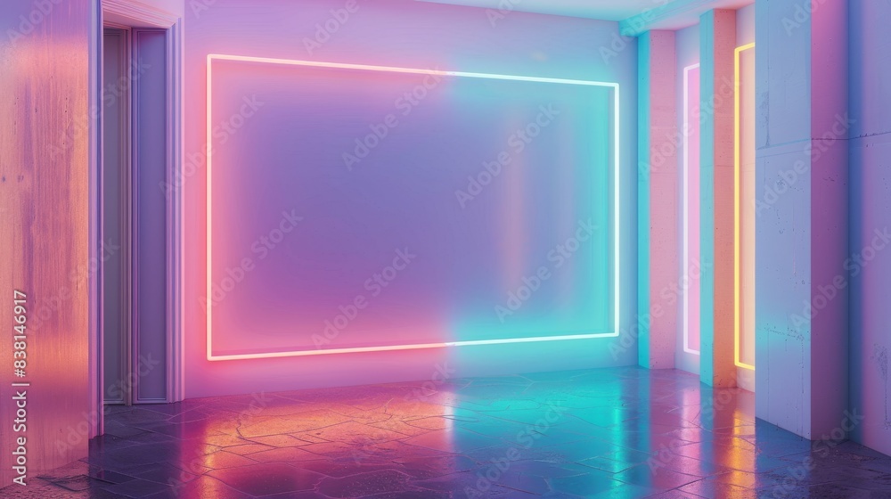 Three-dimensional rendering of a neon frame on a pastel colored wall.