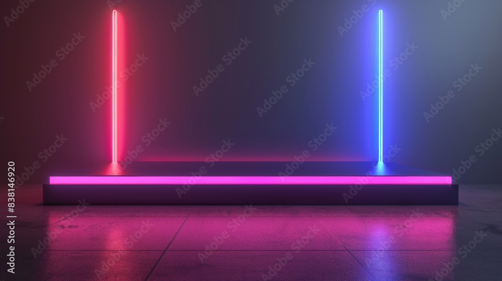 Three-dimensional rendering of a blank product stand with neon lights in a dark room. Three-dimensional rendering of a blank product stand with neon lights in a dark room.