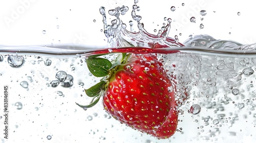 A ripe strawberry splashing into clear water on a pristine white background