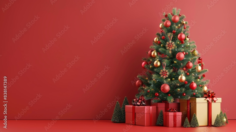 3D rendering of a Christmas tree with a gift box on a red background. 3D rendering of a Christmas tree with a gift box on a red background.