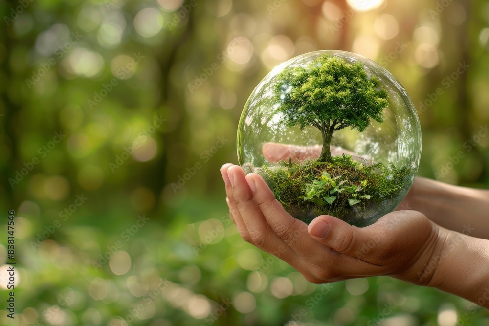 Hands Holding Glass Sphere with Lush Green Tree Inside, Symbolizing Conservation, Environmental Protection, and Nature Preservation in a Forest Setting with Sunlight BokehEnvironmental Conservation Hands Holding Glass Sphere with Lush Green Tree Inside, Symbolizing Conservation, Environmental Protection, and Nature Preservation in a Forest Setting with Sunlight BokehEnvironmental Conservation