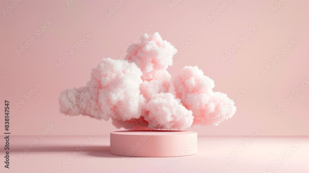 The pink podium is accompanied by a cloud on a pastel pink background. The pink podium is accompanied by a cloud on a pastel pink background.