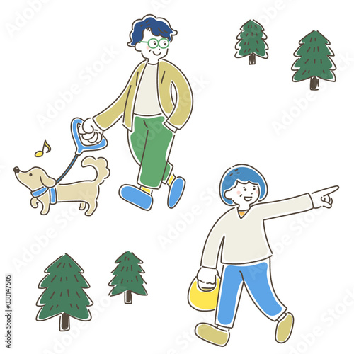 犬の散歩をする中高年の夫婦のゆるいイラスト