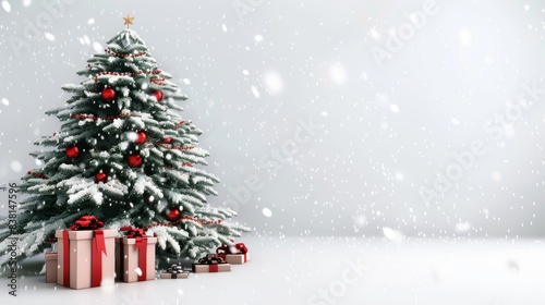 Three-dimensional rendering of a Christmas tree and gift box on a white background.
