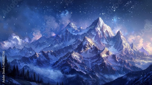 Panoramic view of a majestic mountain range under a starry night sky  snow-capped peaks glistening  oil painting technique capturing the natural grandeur and serenity
