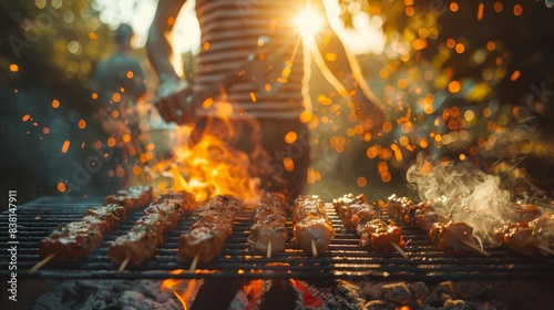 A person grilling kebabs over a hot fire during a summer barbecue. The flames and smoke create a warm and inviting atmosphere. photo