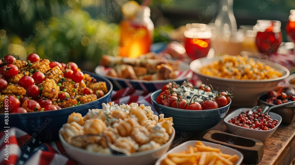 A spread of delicious food on a table, perfect for a summer picnic or barbecue.