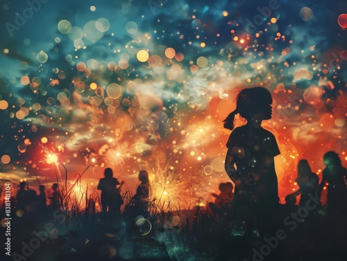 A young girl stands in a crowd, mesmerized by a vibrant sky filled with glowing lights.