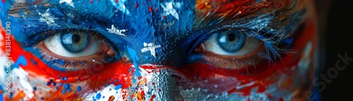 Close-up of a person s eye with red  white  and blue paint.