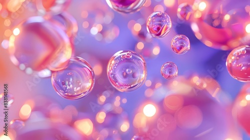 Abstract background with floating, iridescent spheres in pink and purple hues.