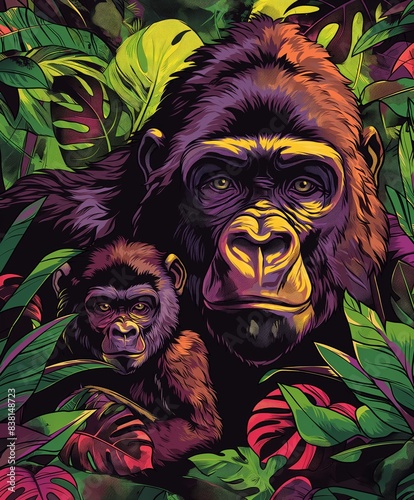 Colorful gorilla and baby amidst vibrant jungle foliage. © YURY YUTY