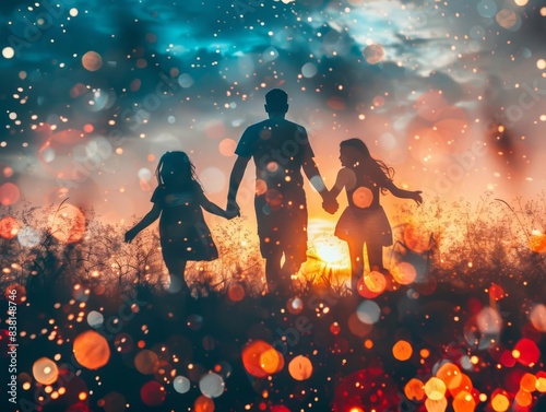 Silhouettes of a father and two daughters walking hand-in-hand against a colorful, dreamy sunset. photo