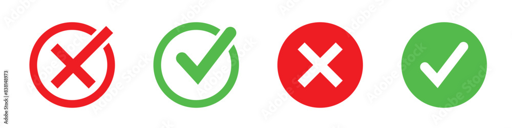 check mark icon button set. check box icon with right and wrong buttons and yes or no checkmark icons in green tick box and red cross check mark icon button set. check box icon with right and wrong buttons and yes or no checkmark icons in green tick box and red cross