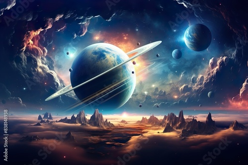 Cosmic Vista: A Breathtaking Scene of Planetary Alignment Over a Mystical Mountain Landscape 