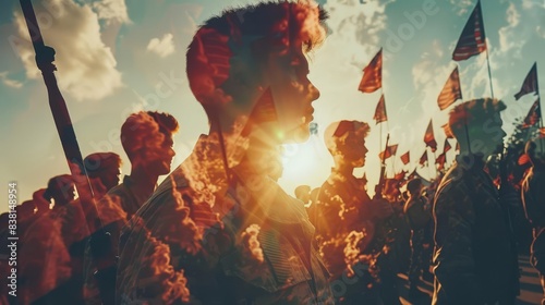 Silhouettes of people standing in a crowd, with flags waving in the wind, backlit by the setting sun. photo