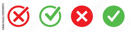 check mark icon button set. check box icon with right and wrong buttons and yes or no checkmark icons in green tick box and red cross