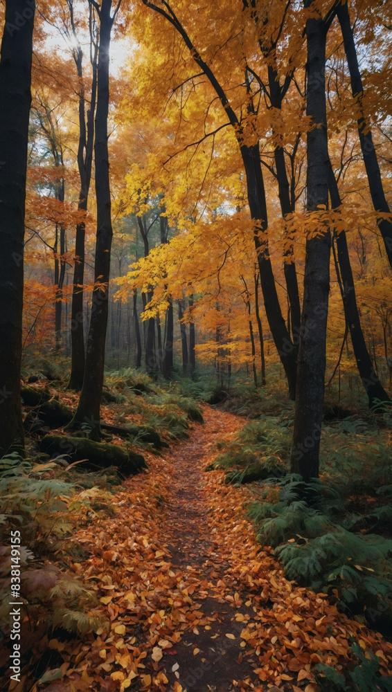 Vibrant autumn foliage in a dense forest with a path covered in fallen leaves.