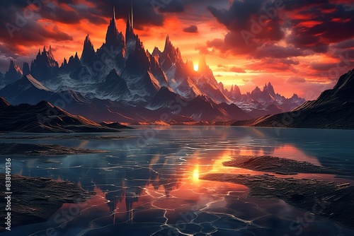 Icy Reflections at Dusk: A Dramatic Sunset Over a Frozen Lake Surrounded by Towering Peaks