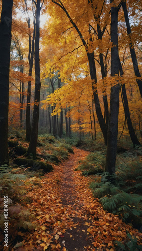 Vibrant autumn foliage in a dense forest with a path covered in fallen leaves.