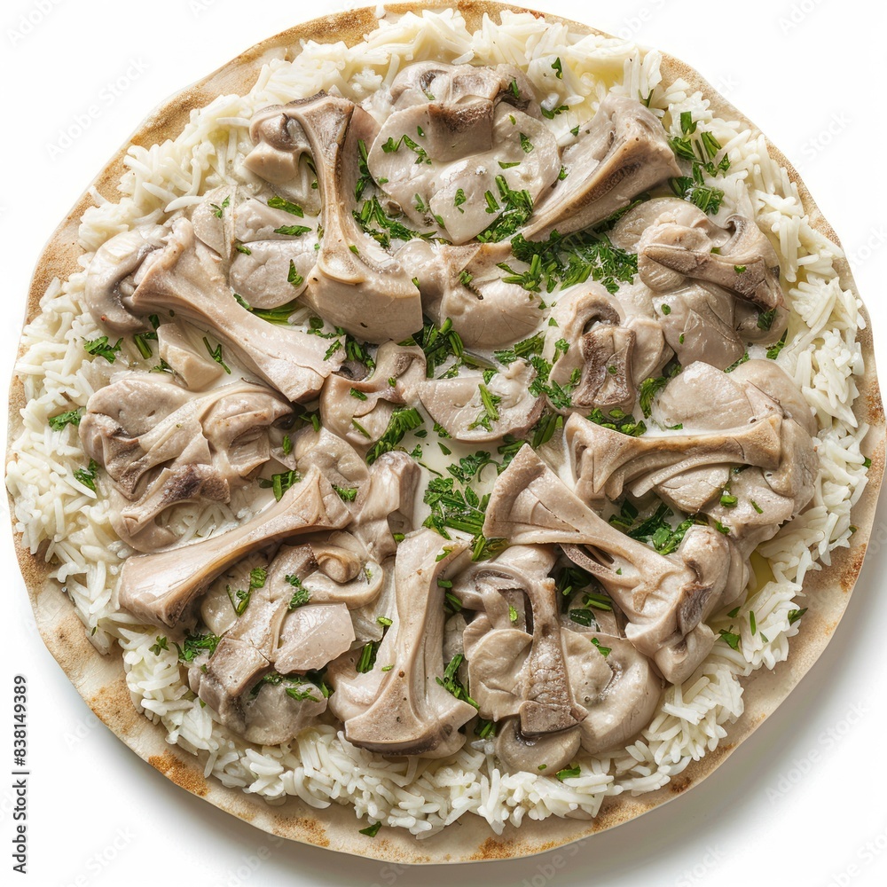 Delicious Mansaf dish isolated on a white background. High-quality Jordanian cuisine photo Delicious Mansaf dish isolated on a white background. High-quality Jordanian cuisine photo