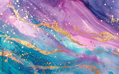 Abstract colorful marbled background with gold glitter. Swirling paint in blue, purple, and pink.