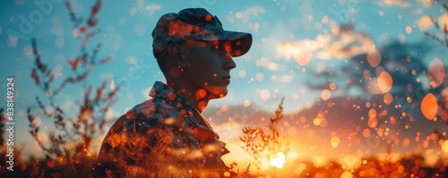 Silhouette of a man in a cap against a colorful sunset. photo