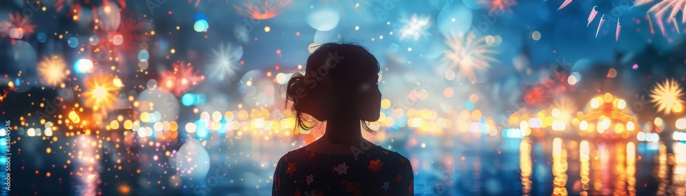 Silhouette of a person standing in front of a colorful, blurred cityscape. Silhouette of a person standing in front of a colorful, blurred cityscape.