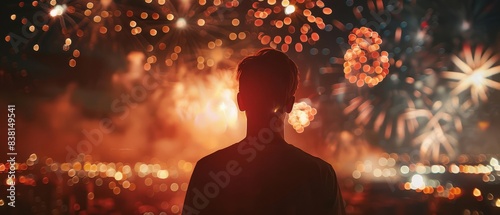 Silhouette of a person standing in front of fireworks. photo