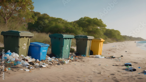 A sandy beach with trash bins overflowing with garbage, and litter scattered around them. The scene reflects the challenges of waste management and the need for better facilities and public awareness