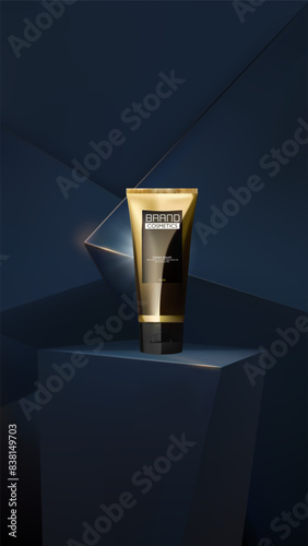 Cosmetic tube on geometric pedestal with a dark background.stage showcase on pedestal display backdrop. vector illustration .