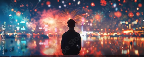 A man stands by a waterfront  watching vibrant fireworks explode over a brightly lit cityscape at night.