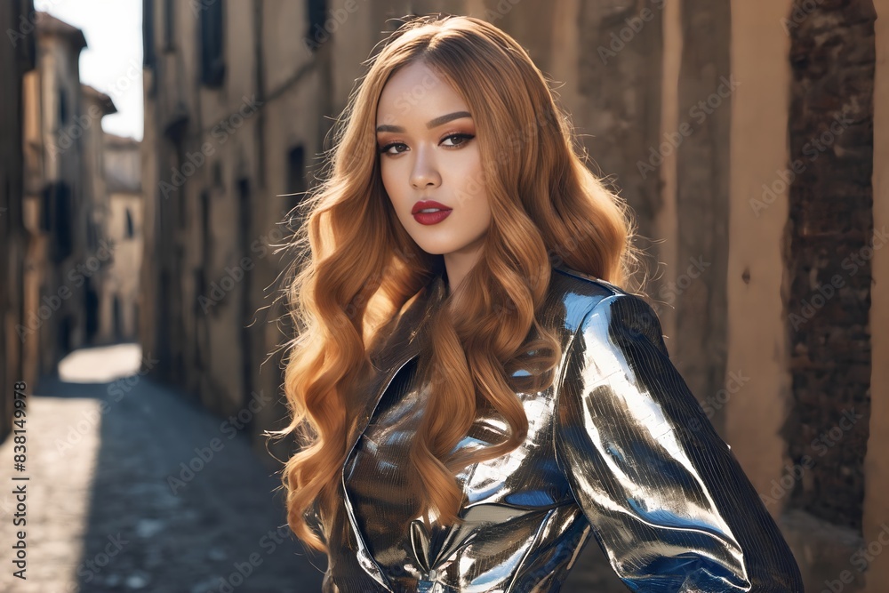 Fototapeta premium A beautiful woman in an elegant dress captured in a high resolution portrait that represents fashion and beauty, ideal for fashion features or clothing advertising, presented from the front with space