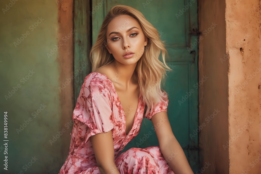 A beautiful woman in an elegant dress captured in a high resolution portrait that represents fashion and beauty, ideal for fashion features or clothing advertising, presented from the front with space A beautiful woman in an elegant dress captured in a high resolution portrait that represents fashion and beauty, ideal for fashion features or clothing advertising, presented from the front with space