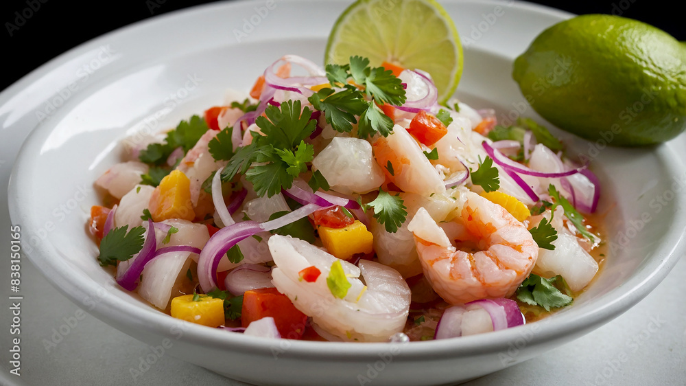 Ceviche refreshing and tangy dish made with raw fish cured in citrus juices, often served with onions and cilantro Ceviche refreshing and tangy dish made with raw fish cured in citrus juices, often served with onions and cilantro