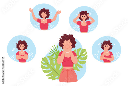 Woman mood disorders. Distracted girl change face emotion or moods expressions behaviour, hormone balance problem female menopause angry happy anxiety person vector illustration