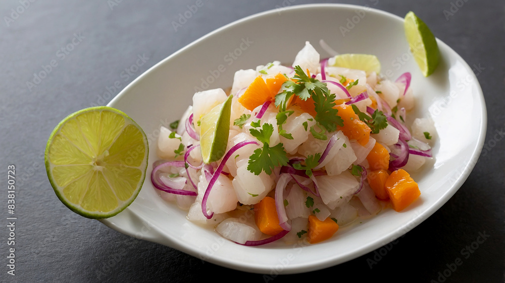 Ceviche refreshing and tangy dish made with raw fish cured in citrus juices, often served with onions and cilantro Ceviche refreshing and tangy dish made with raw fish cured in citrus juices, often served with onions and cilantro
