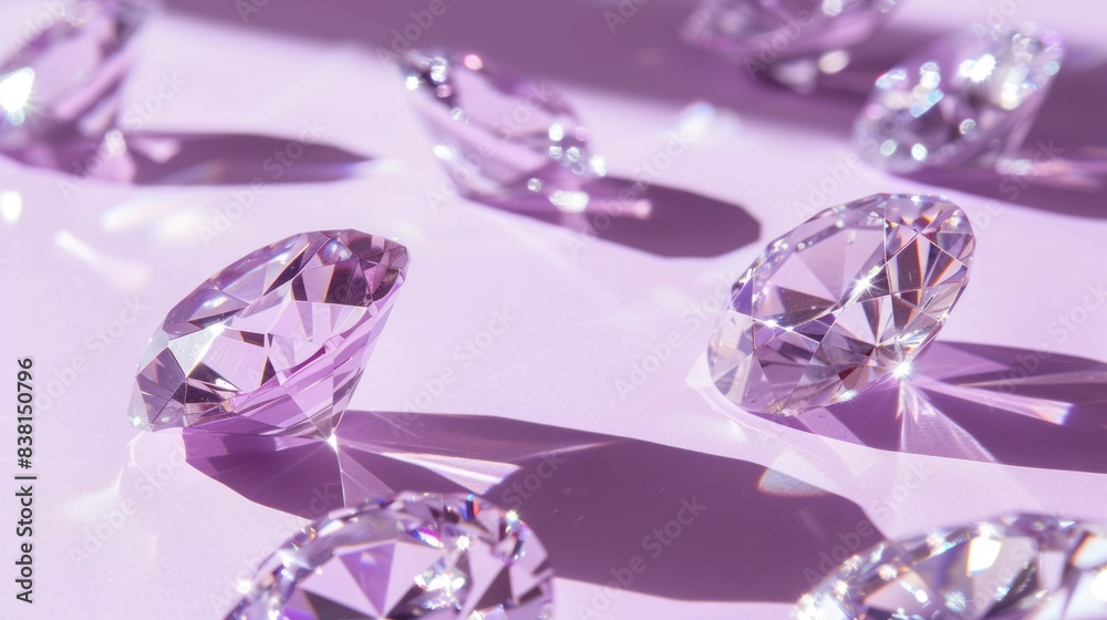 Diamonds of different cuts and sizes on a purple background with shadows. Diamonds of different cuts and sizes on a purple background with shadows.