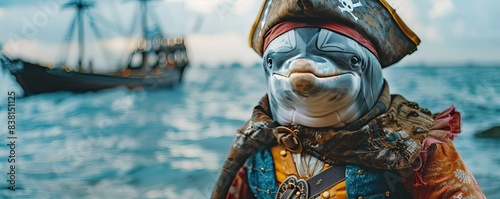 Dolphin dressed as a pirate, copy space, empty saying bubble photo