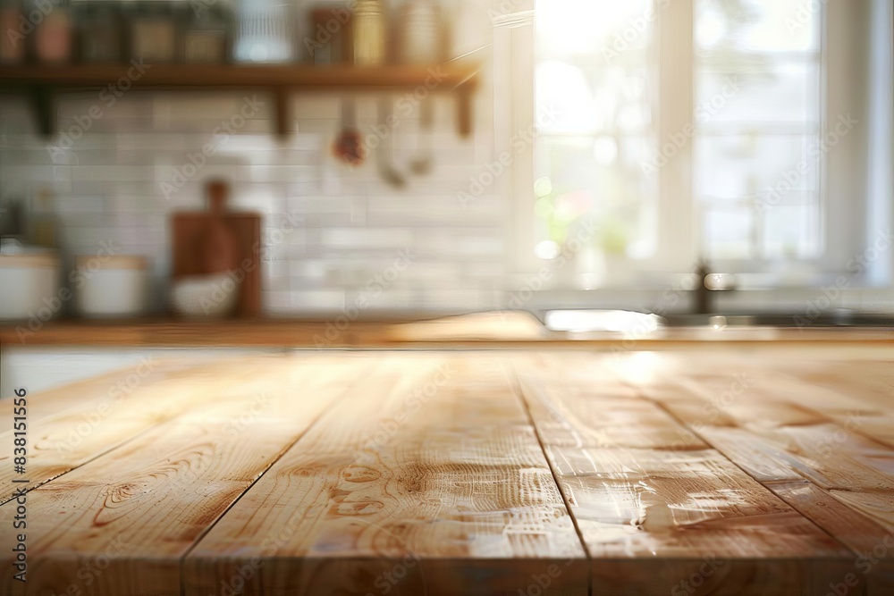 Empty wooden table in front of a blurred kitchen background. Warm sunlight streams through the window. Perfect for product placement or food photography. Empty wooden table in front of a blurred kitchen background. Warm sunlight streams through the window. Perfect for product placement or food photography.