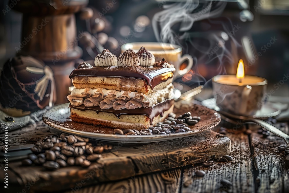 Rustic coffee and cake scene featuring a delectable layered dessert with coffee beans and a steaming cup, perfect for cozy moments. Rustic coffee and cake scene featuring a delectable layered dessert with coffee beans and a steaming cup, perfect for cozy moments.